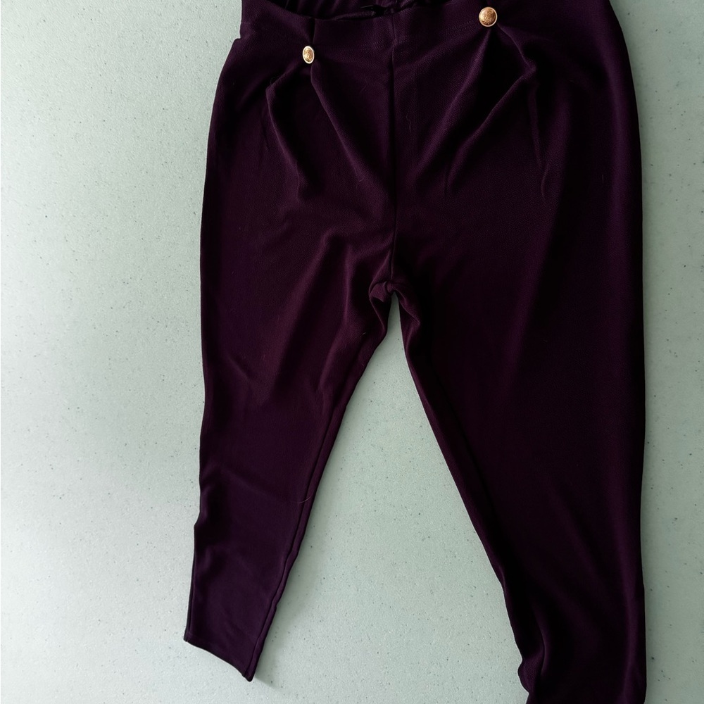 Purple High-Waisted Pants with Gold Buttons
